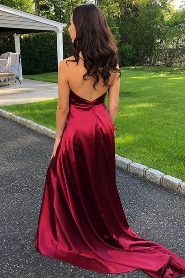 Vestido de fiesta de satén con escote en V, tirantes finos, cola larga y abertura
